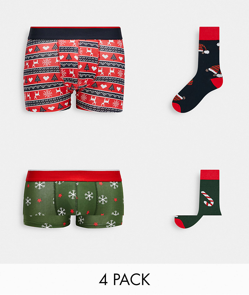 Only & Sons 4 pack christmas trunks and socks box-Green