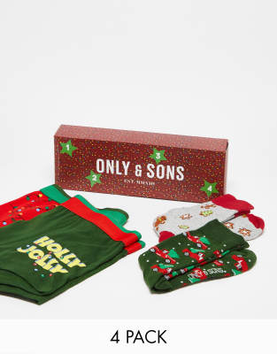 Only & Sons 4 Pack Christmas Trunks & Socks Advent Calendar-multi