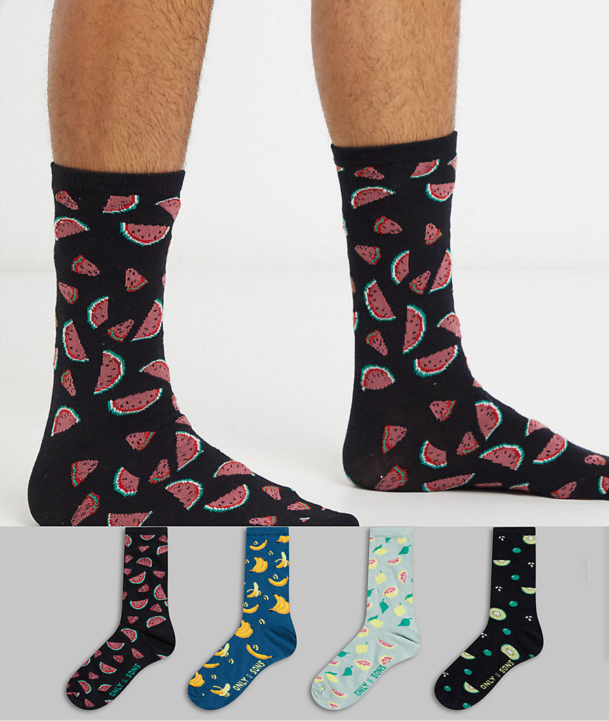 Only & Sons - 4-pak sokker i frugtprint-multifarvet