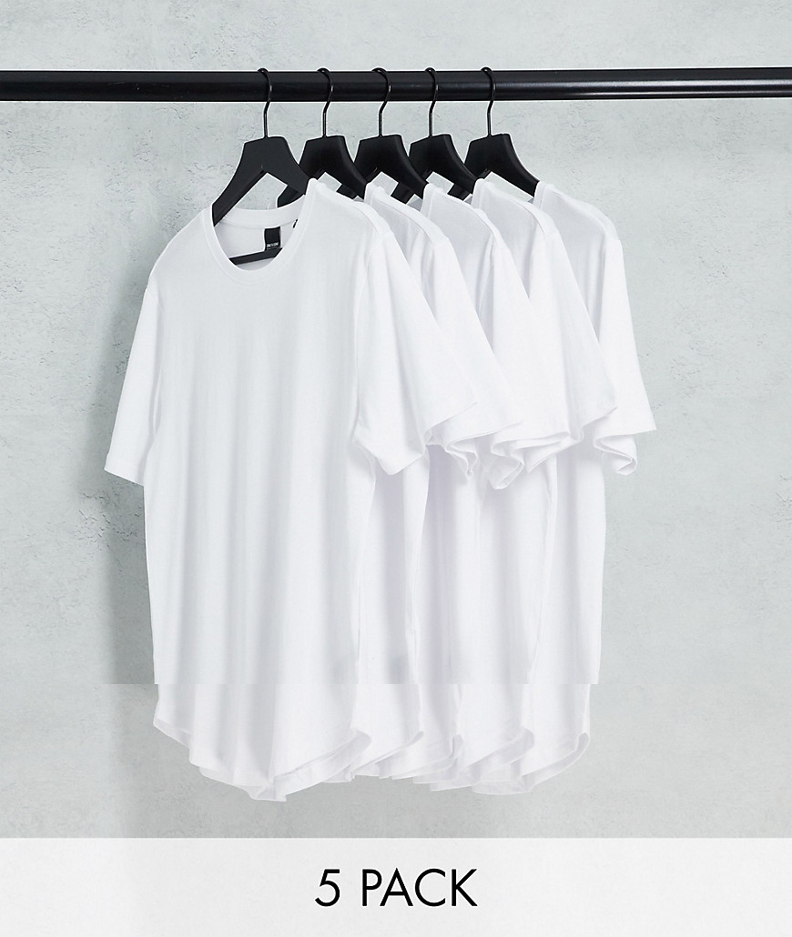 Only & Sons 5 pack curve hem t-shirt in white