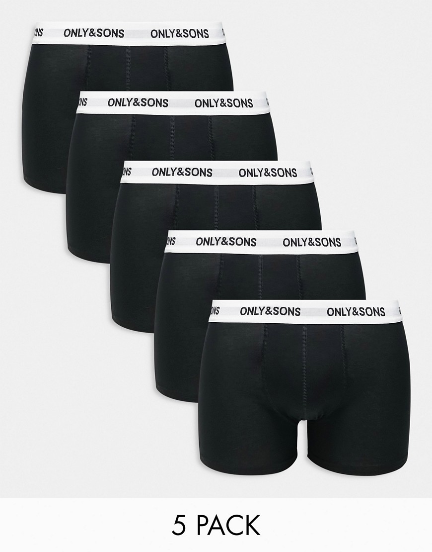ONLY & SONS 5 pack trunks in black with white logo waistband