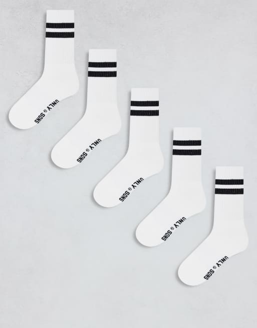 Only & Sons – 5er-Pack Tennissocken in Weiß mit Streifen in Schwarz  