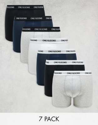 Only & Sons 7 Pack Briefs In Black Gray Navy & White