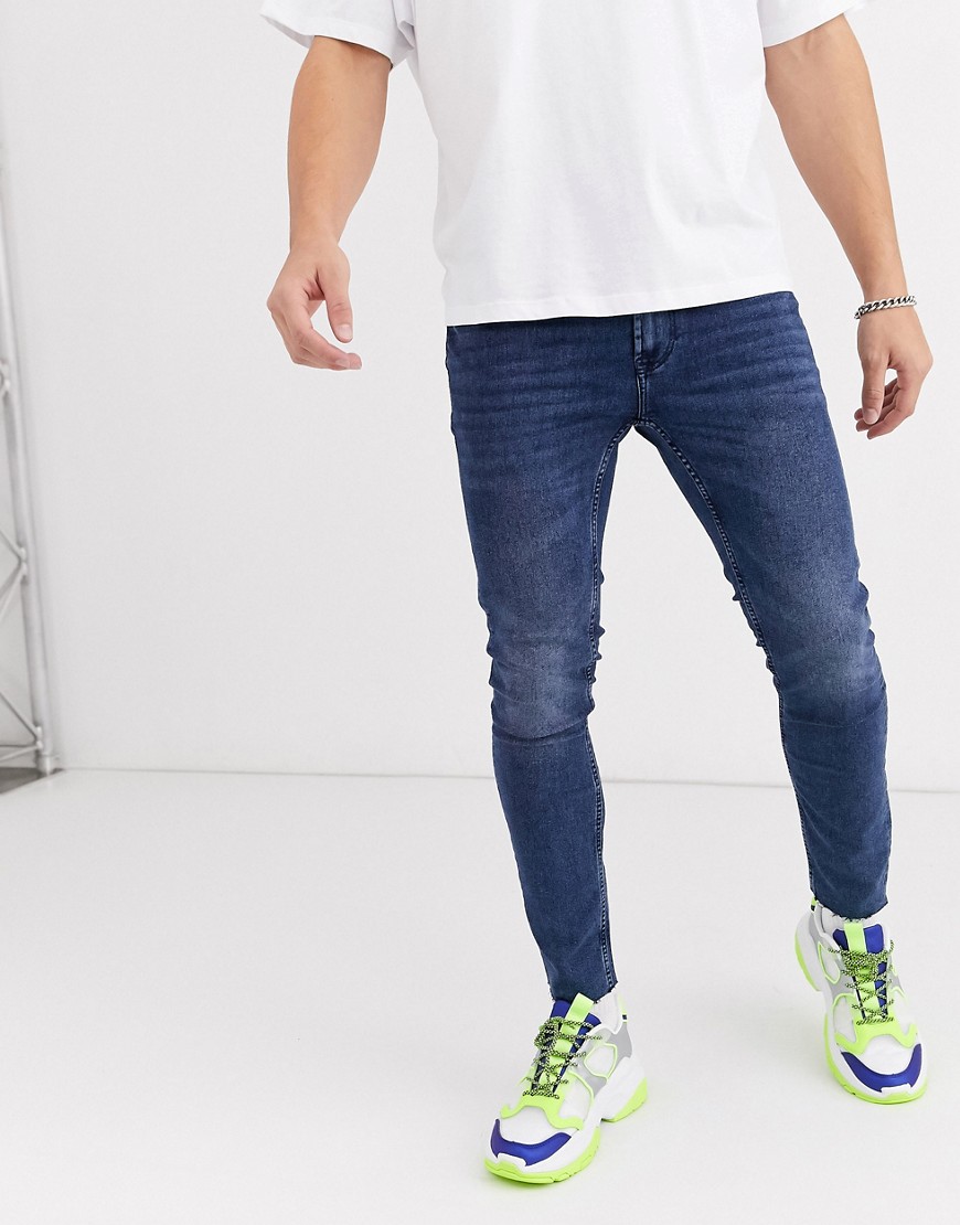 Only & Sons – Ankellånga skinny jeans i blå tvätt med råskurna benslut