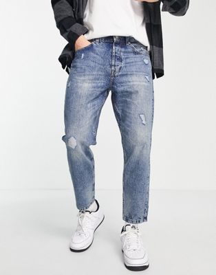 Jeans corti affusolati azzurri effetto usato Avi Asos Uomo Abbigliamento Pantaloni e jeans Jeans Jeans affosulati 