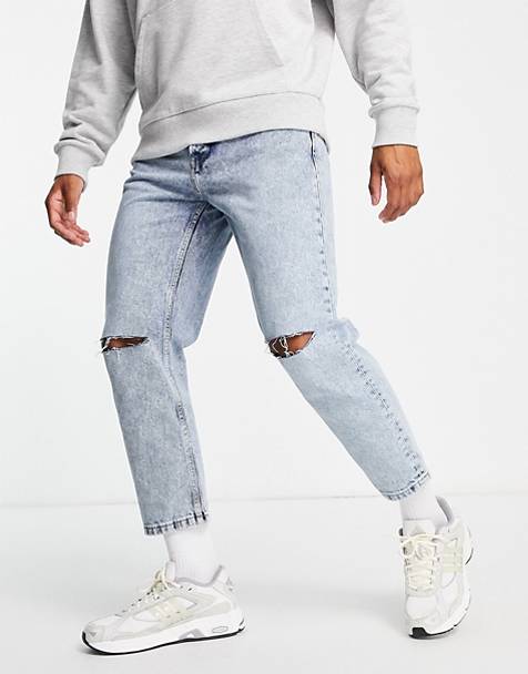 Avi Asos Uomo Abbigliamento Pantaloni e jeans Jeans Jeans affosulati Jeans corti affusolati azzurri effetto usato 