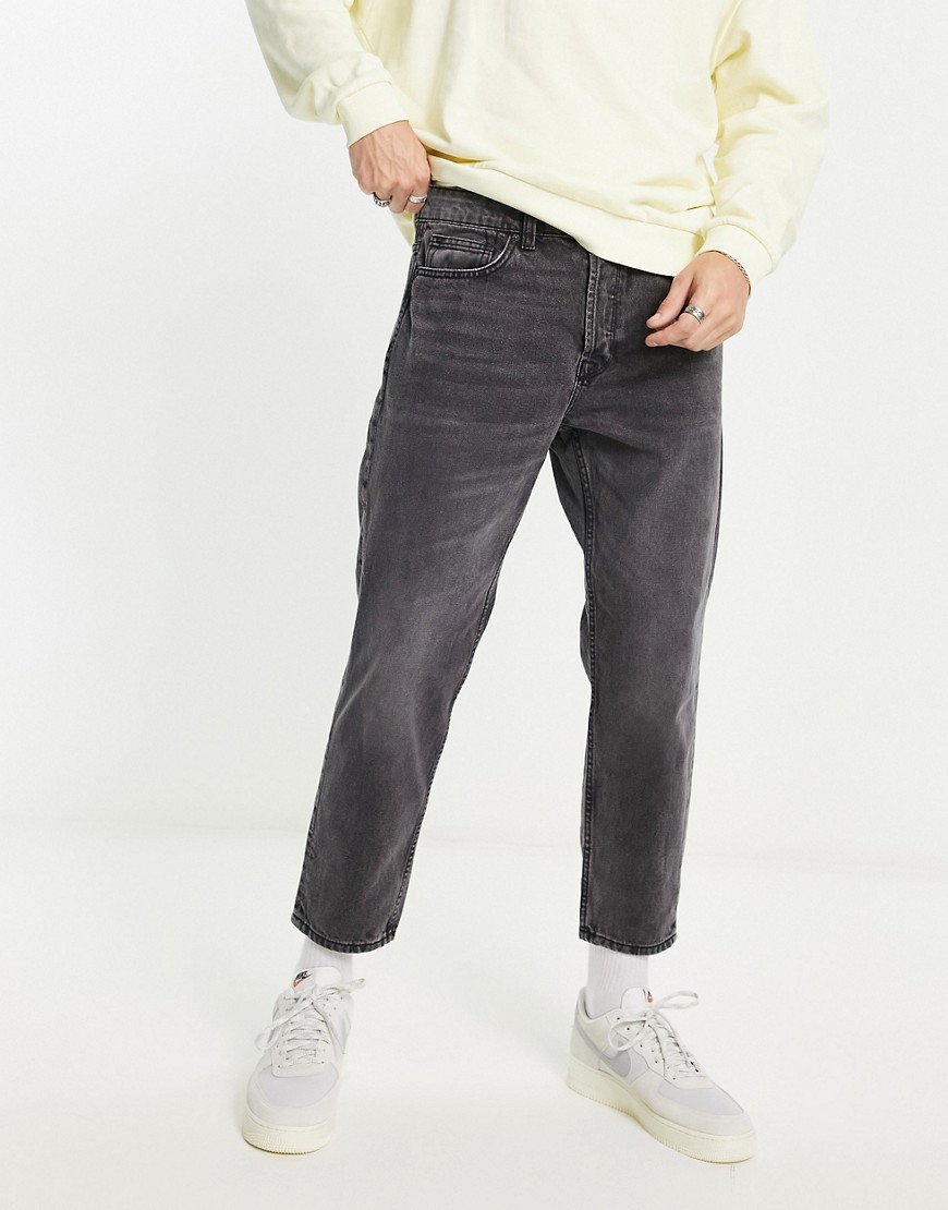 only & sons avi tapered cropped jeans in grey acid wash