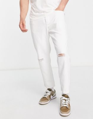 Only & Sons Avi tapered cropped jeans in white with rips  - ASOS Price Checker