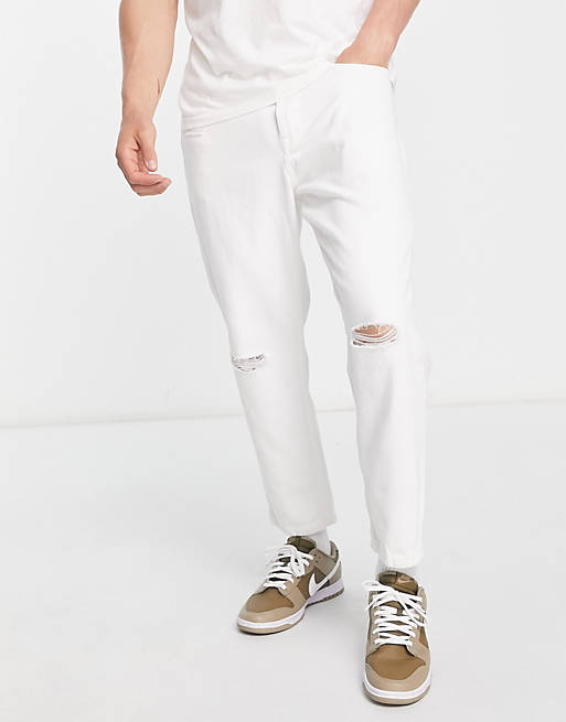 Only & Sons Avi tapered cropped jeans in white with rips 
