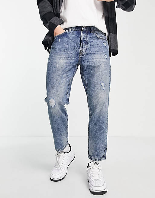 Only & Sons - Avi - Toelopende cropped jeans met distressing in lichtblauw