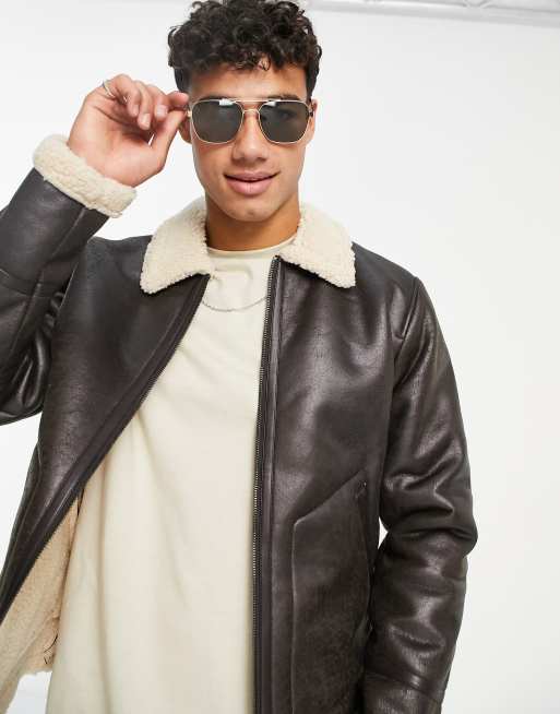 Only & Sons aviator jacket in brown faux shearling ASOS