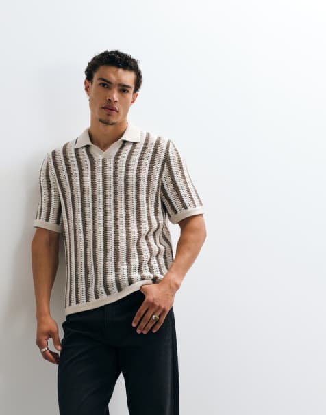 ONLY & SONS avslappnad polo i virkad stickning med krämfärgade ränder - view 1