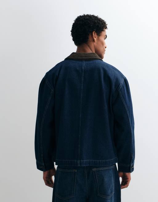 ONLY & SONS barn denim jacket with cord collar in dark blue, 3 of 5