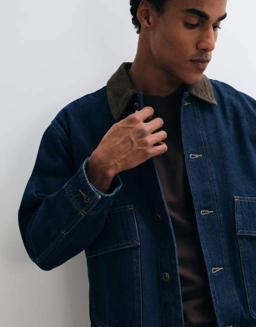 ONLY & SONS barn denim jacket with cord collar in dark blue, 4 of 5