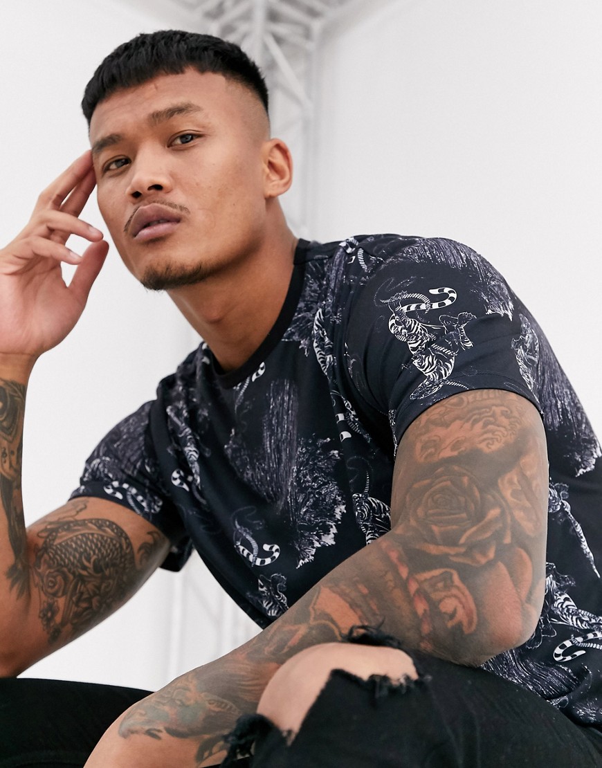 Only & Sons baroque patterned t-shirt in black print