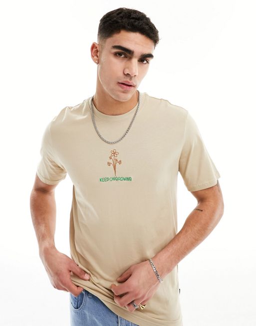 Only & Sons – Beige, avslappnad t-shirt med broderad blomma