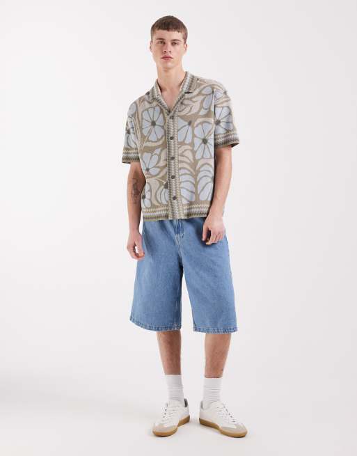 ONLY & SONS – Beige, blåblommig, stickad skjorta, 2 av 5