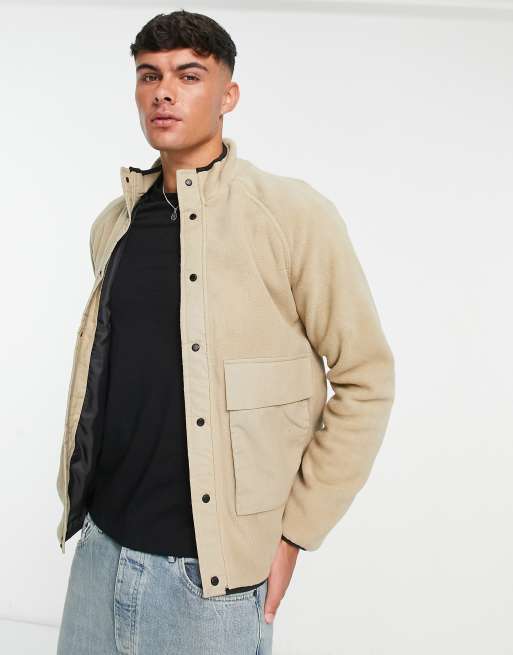 Only & Sons – Beige fleecejacka med kontrastfärgade fickor