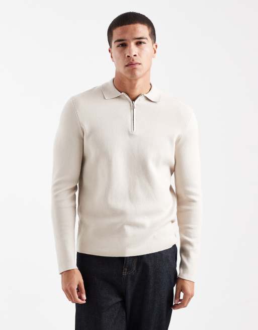 ONLY & SONS - Beige ribstrikket polo med halv lynlås