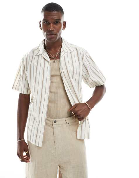 ONLY & SONS loose fit short sleeve shirt in beige stripe