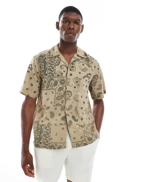 ONLY & SONS revere collar shirt in beige paisley print
