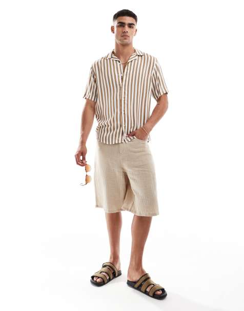 ONLY & SONS revere collar stripe shirt in beige