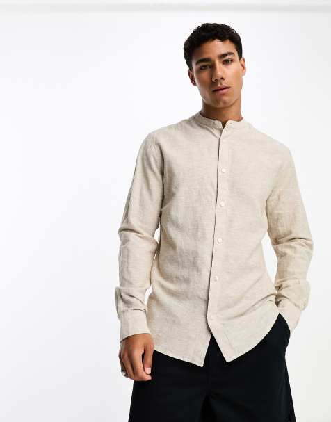 ONLY & SONS linen mix grandad collar shirt in beige