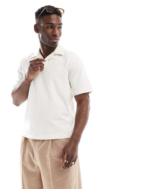 ONLY & SONS split neck seersucker polo in beige