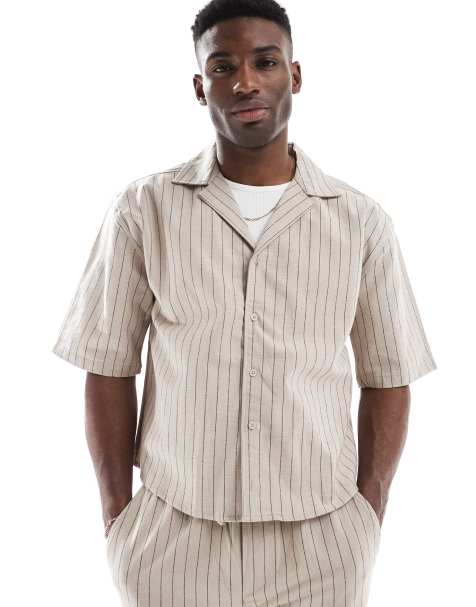 ONLY & SONS relaxed fit linen shirt co-ord in beige pinstripe