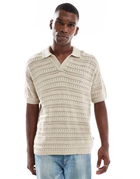 ONLY & SONS drop shoulder open knit split neck polo in beige