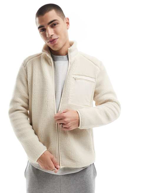 Only & Sons – Beżowa zapinana na zamek bluza polarowa ze sztucznego kożuszka z kieszenią na piersi