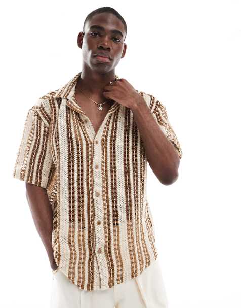 ONLY & SONS crochet shirt in beige with brown stripe 