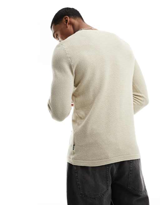 Only & Sons – Beżowy fakturowany sweter dzianinowy z okrągłym dekoltem, 4 z 4
