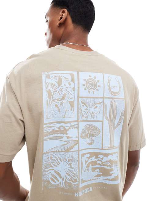 ONLY & SONS – Beżowy T-shirt oversize z kafelkowym nadrukiem z pustynnym motywem na plecach