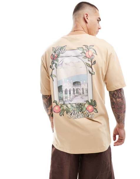 Only & Sons – Beżowy T-shirt oversize z nadrukiem i napisem „Paradiso” na plecach - view 1