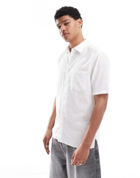 ONLY & SONS short sleeve regular fit linen mix shirt in white