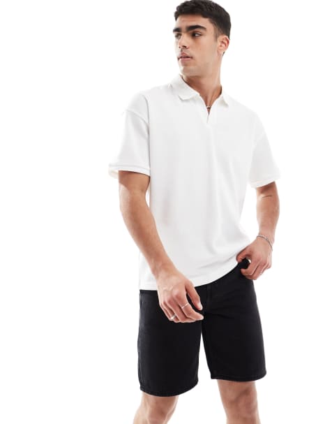 ONLY & SONS oversized split neck polo in white