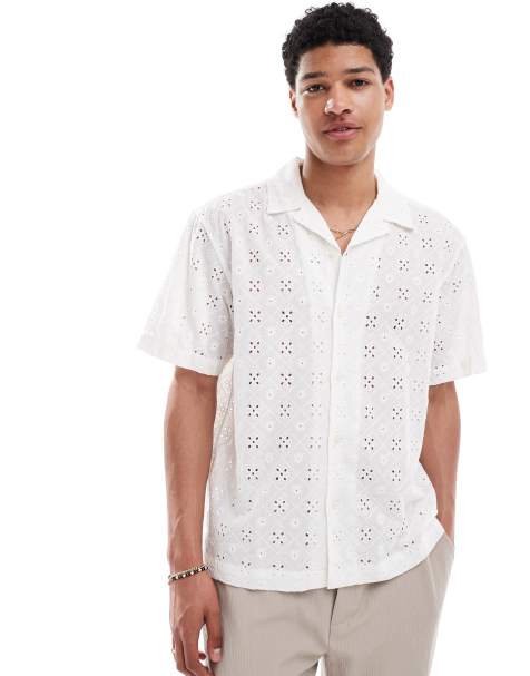 ONLY & SONS loose fit broidery shirt in white
