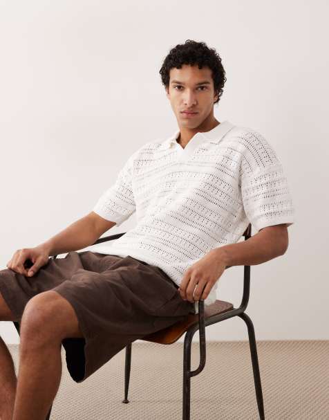 ONLY & SONS drop shoulder open knit split neck polo in white