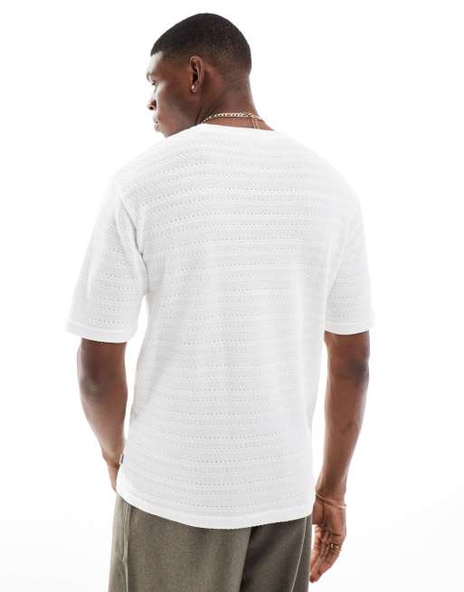 Only & Sons – Biały fakturowany T-shirt dzianinowy, 3 z 4