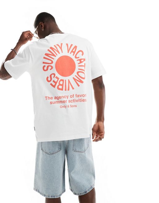 ONLY & SONS – Biały T-shirt zip o luźnym kroju z grafiką ze słońcem na plecach