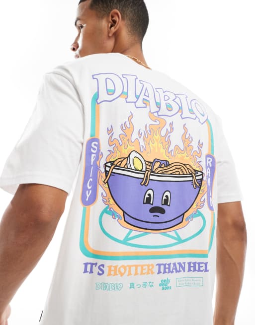 ONLY & SONS – Biały T-shirt o luźnym kroju z nadrukiem z napisem Diablo na plecach