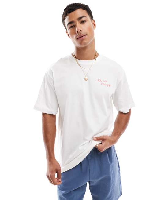 ONLY & SONS – Biały T-shirt oversize z nadrukiem „Sur la Plage“ na plecach, 2 z 4