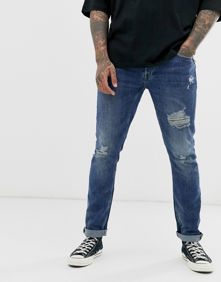 Only & Sons - blå jeans med forvask i slim fit og slitage