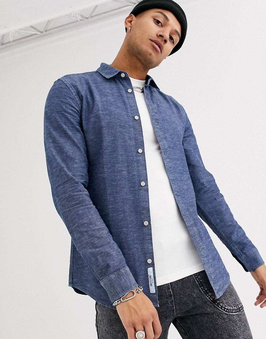 Only & Sons – Blå jeansskjorta med smal passform i slub- och chambray-tyg-Marinblå