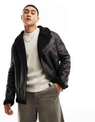 Only & Sons faux leather aviator with borg lining in black   - ASOS Price Checker