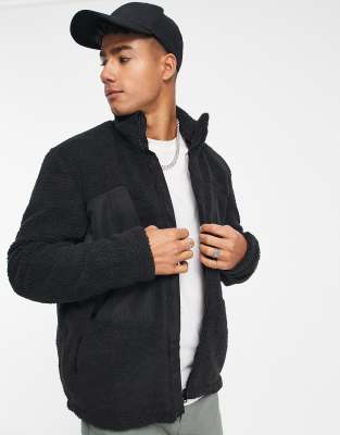 Only & Sons Borg Fleece Jacket With Oversized Pockets In Black