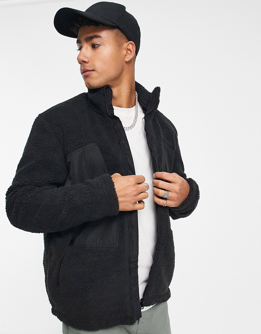 Only & Sons borg fleece jacket with oversized pockets in black