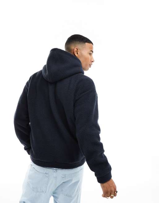 Only & Sons borg hoodie with chest embroidery in navy