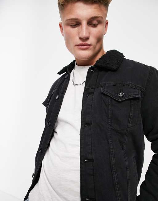 Borg lined denim jacket on sale black